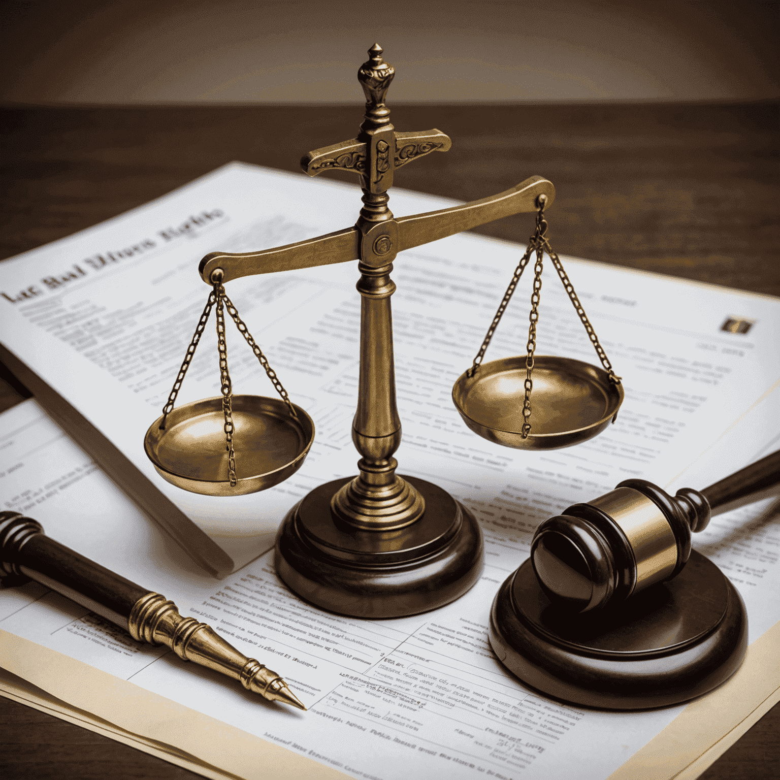 A symbolic image of justice scales balanced on top of legal documents and a gavel, representing the balance and importance of legal rights