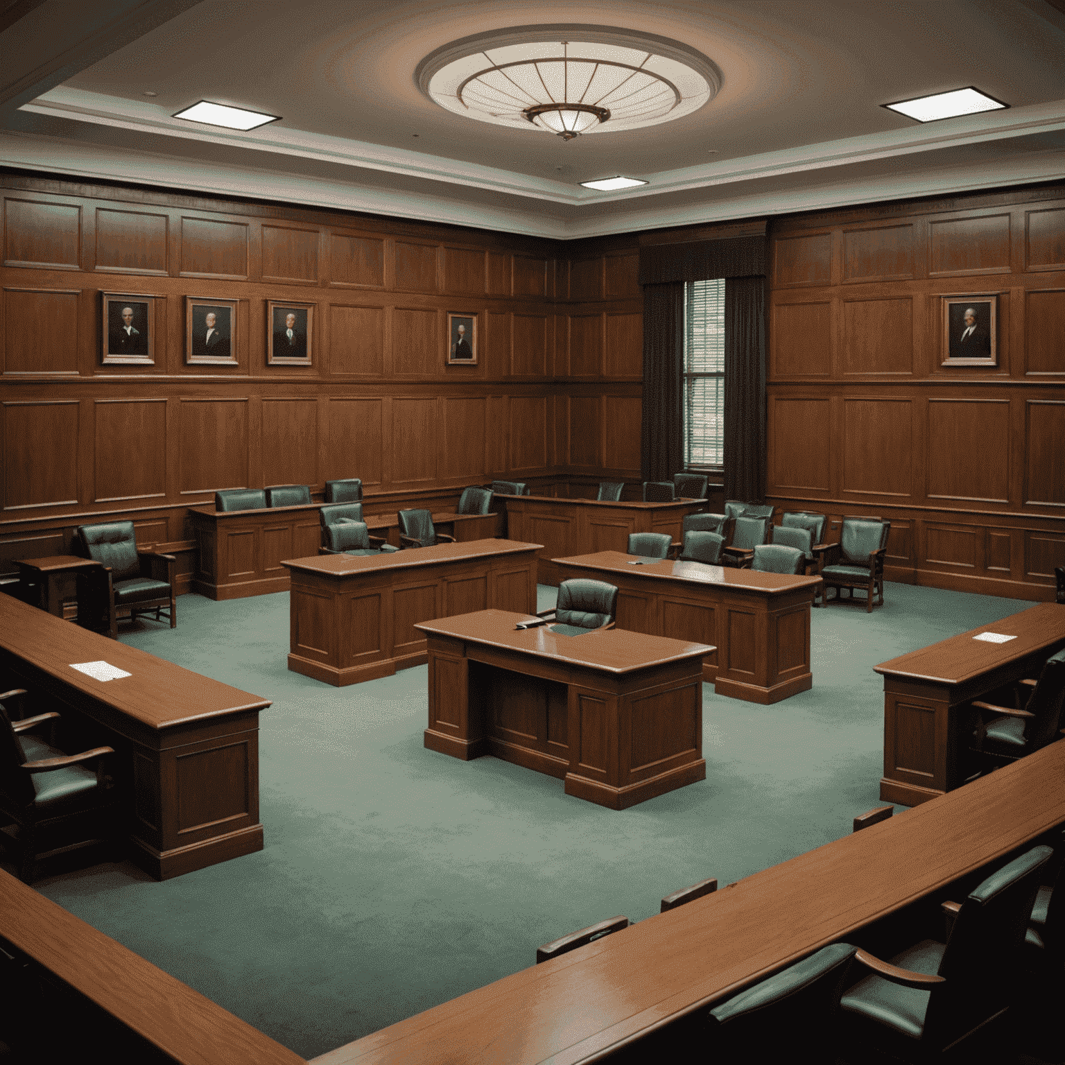 A courtroom with a judge's bench, jury box, and attorneys' tables, symbolizing the complex court system