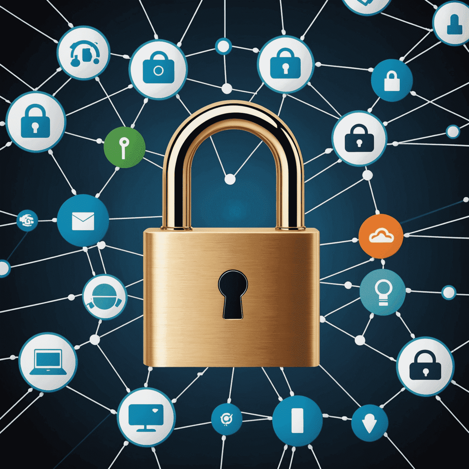 Digital privacy concept image showing a lock icon over a network of connected devices