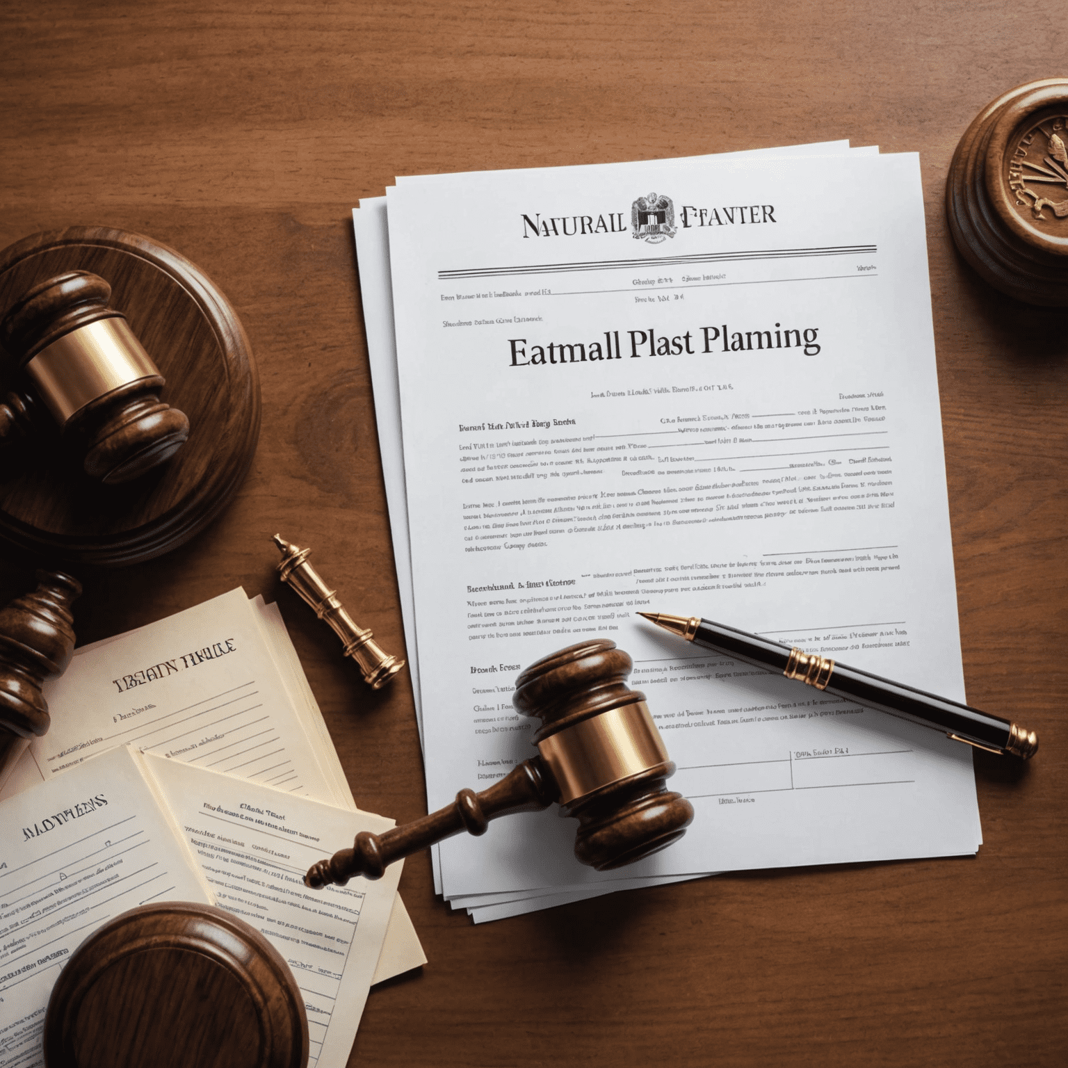 A desk with legal documents, including a will and trust paperwork, alongside a gavel and family photo, symbolizing the personal nature of estate planning