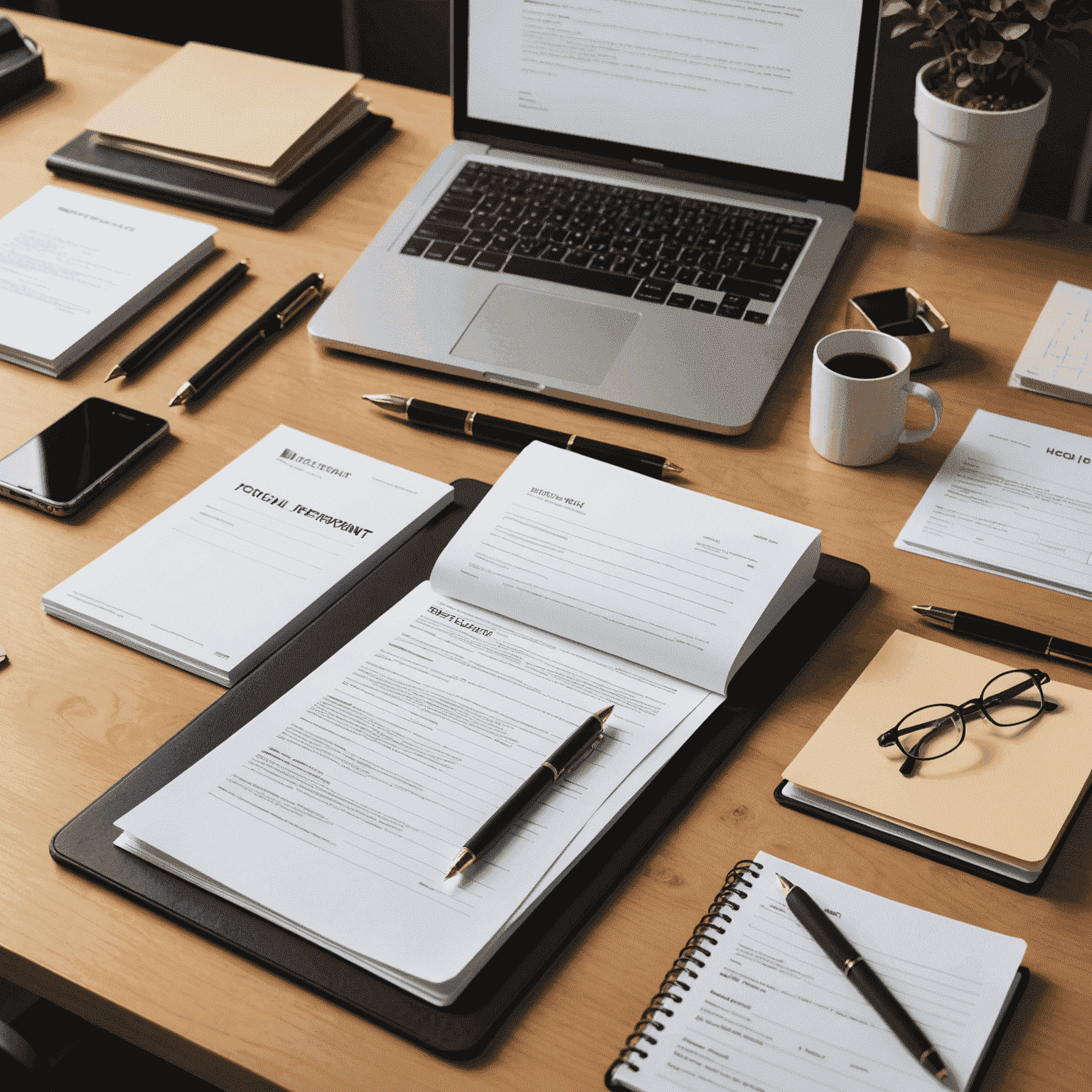 A desk with neatly organized legal documents, folders, and a laptop, representing thorough document preparation